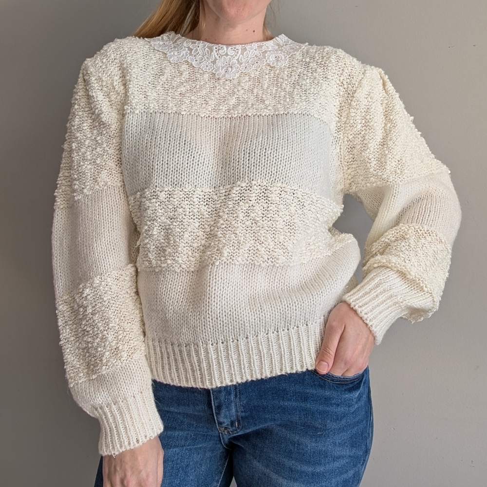 Vintage Cross Roads Puff Sleeve Texture Striped Lace Collar Sweater, Size M/L